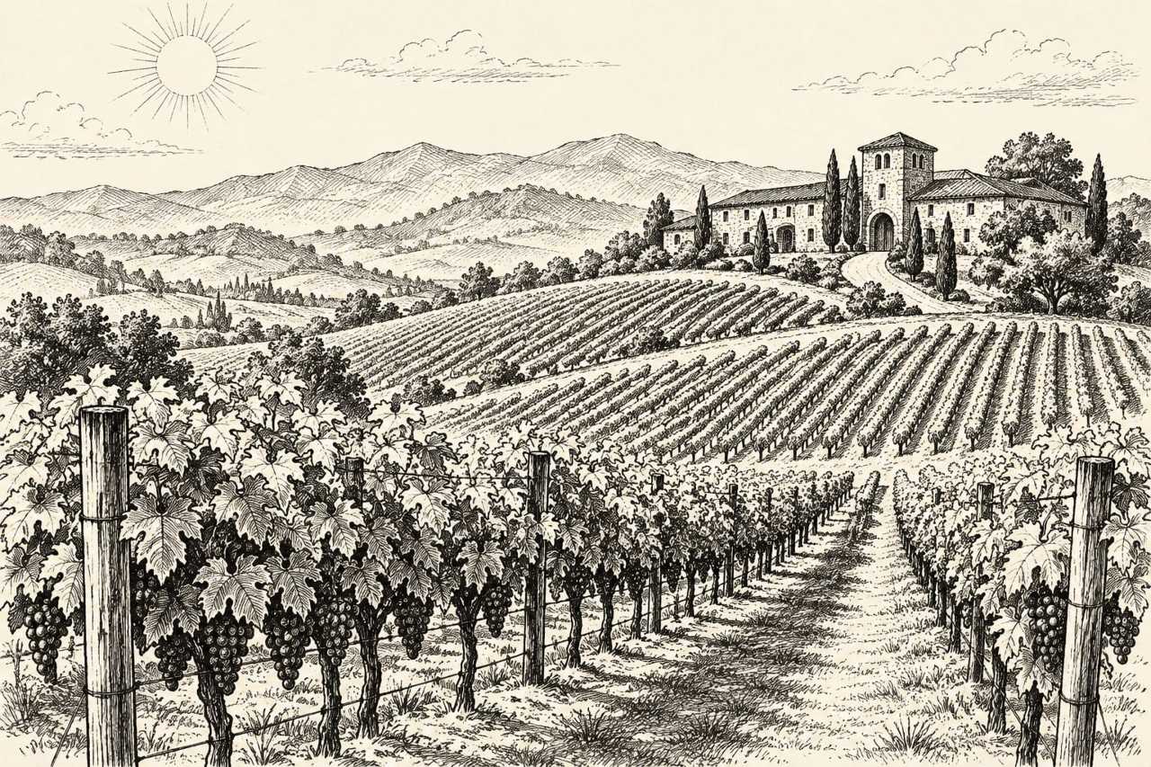 Napa Valley vineyard rows beneath rolling hills.